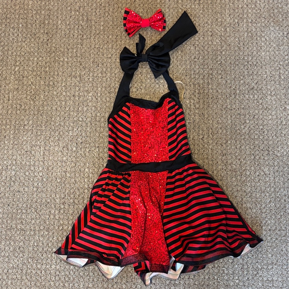 Chic Red and Black Striped Kids Dance Costume with Bow